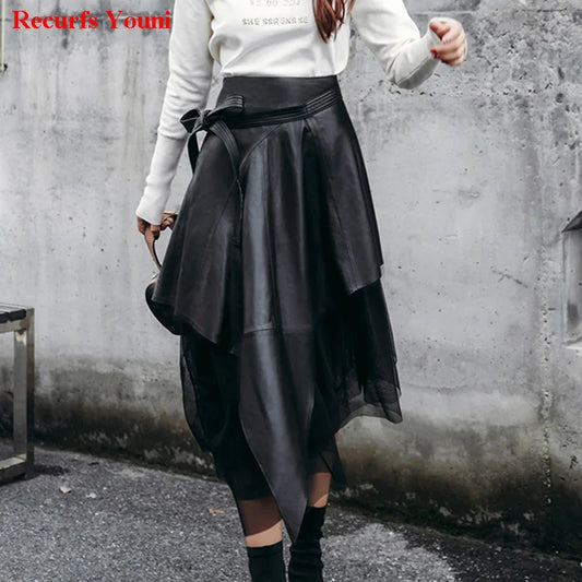 Winter South Korean Style Lady Genuine Leather 85cm Long Maxi Skirt With Belt Woman Novelty Irregular Tulle Voile Jupe Tutu Saia