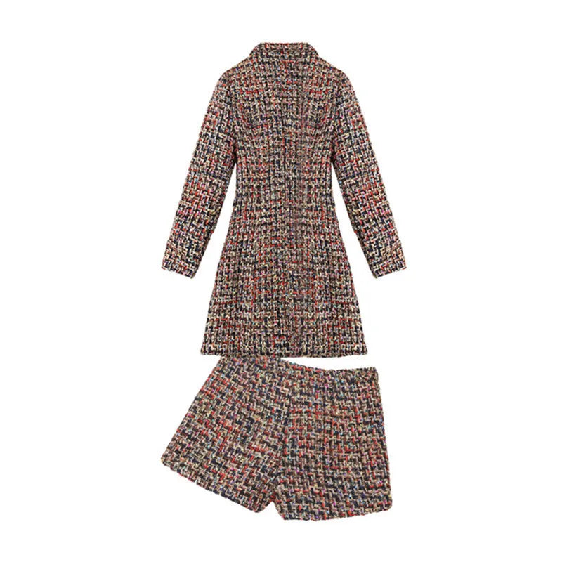 New Elegant Women Tweed Jacket Suits Spliced Twill Long Plaid Blazer Coat Shorts Outfits OL Office Work Formal Suit Sets