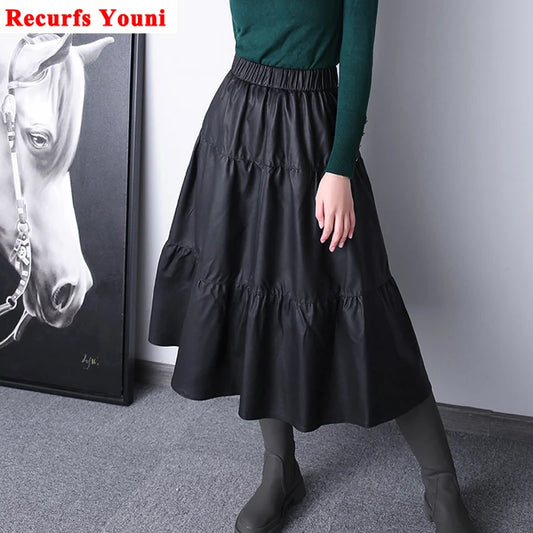 Folds Maxi Skirts For Women Spring Japanese Harajuku Thin Elastic Waist A-line Umbrella Leather Jupe Grey Long Pleated Faldas