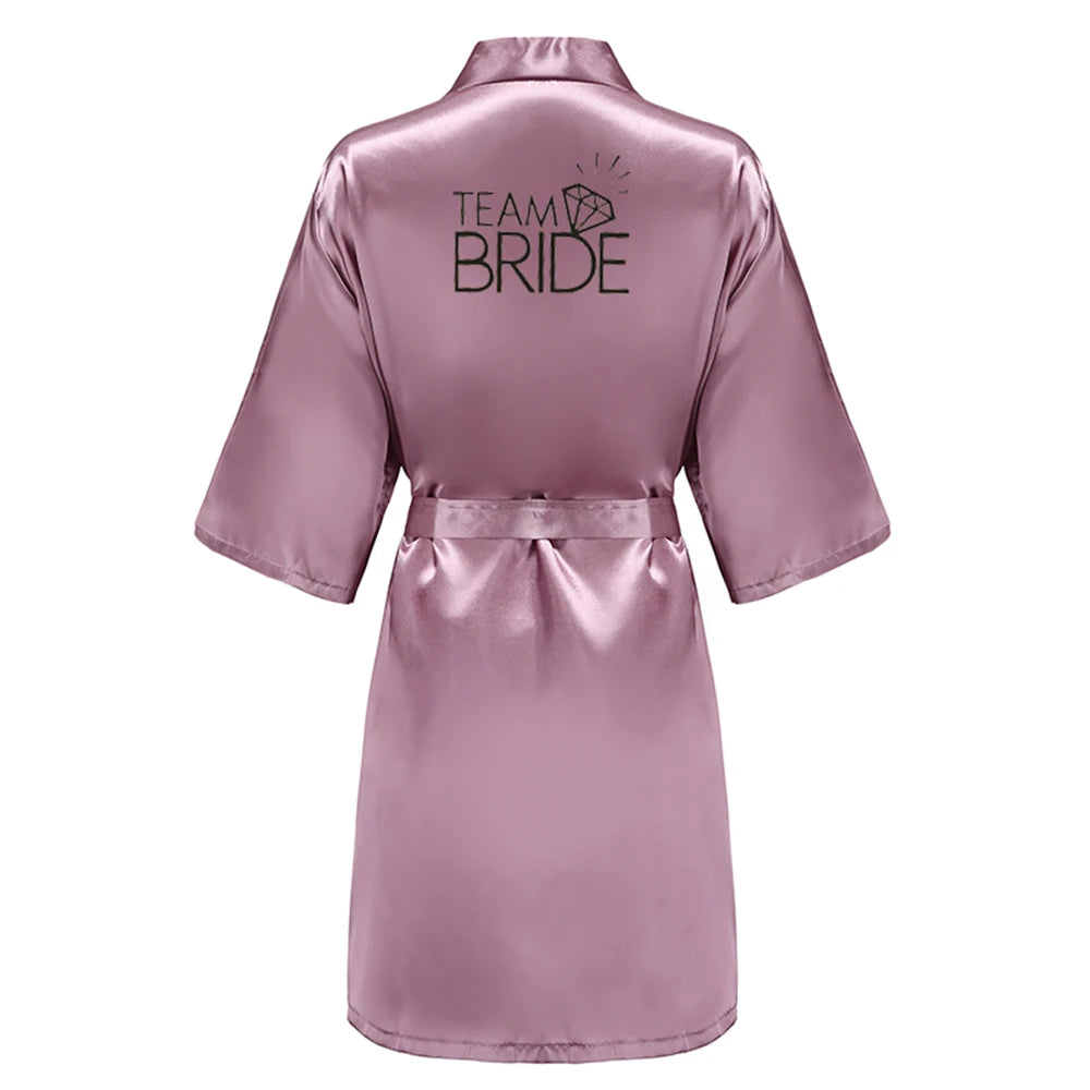 Wedding Party Team Bride Robe With Black Letters Kimono Satin Pajamas Bridesmaid Rose Gold Pink Bathrobe