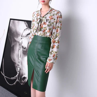 Women Clothing Winter Harajuku Female Genuine Leather Simple Split Knee Length Skirt Femme Brown/Dark Green Pencil Slit Gonne