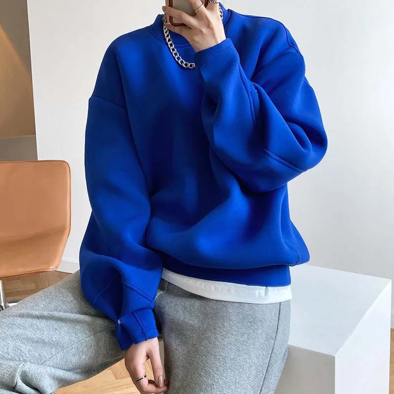 2022 Spring Long Sleeve Women Thick Hoodies O-Neck Pure Color Women Warm Oversize Style Women Blue Hoodies Women Tops