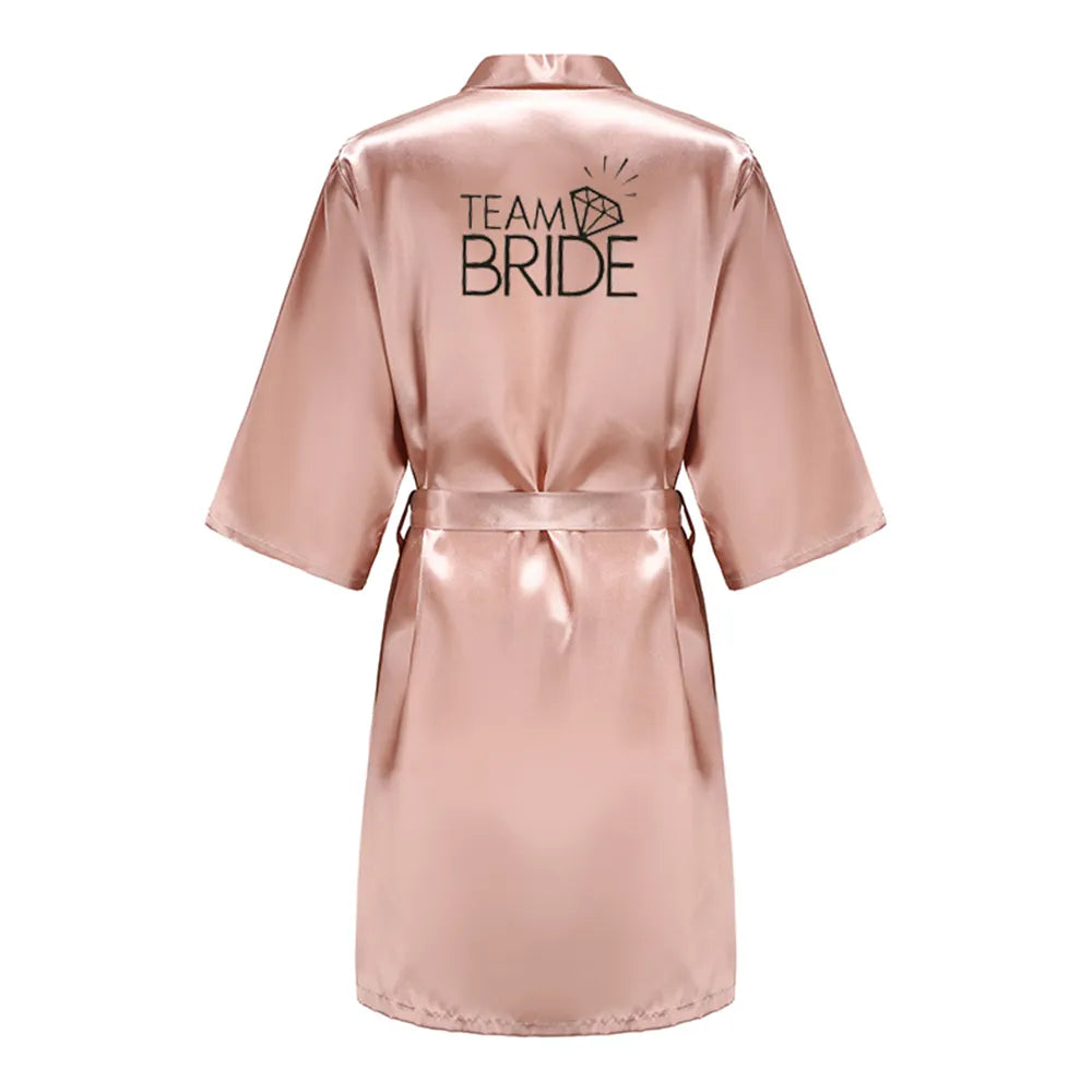 Wedding Party Team Bride Robe With Black Letters Kimono Satin Pajamas Bridesmaid Rose Gold Pink Bathrobe