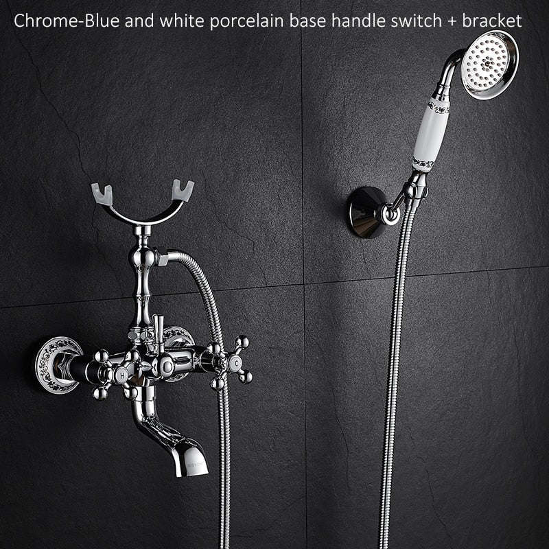 Luxury Crystal Handle Bathtub Gold Brass Faucet with Hand Shower Telephone Type Bath.