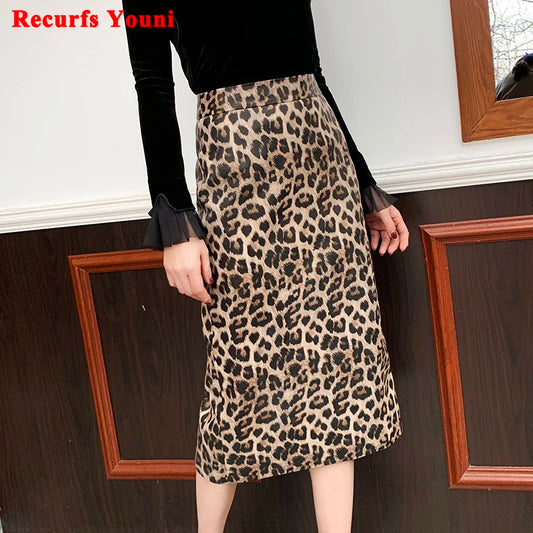 2025 Women’s Leopard Print Leather Skirt – Genuine Over-Knee Wrap with Back Split