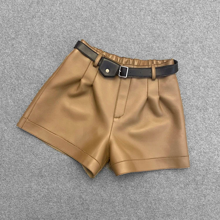 Genuine Leather Shorts Women 100% Real Sheepskin Ladies High Waist Short Pants Belt Shorts Trousers Female Plus Size Black Brown