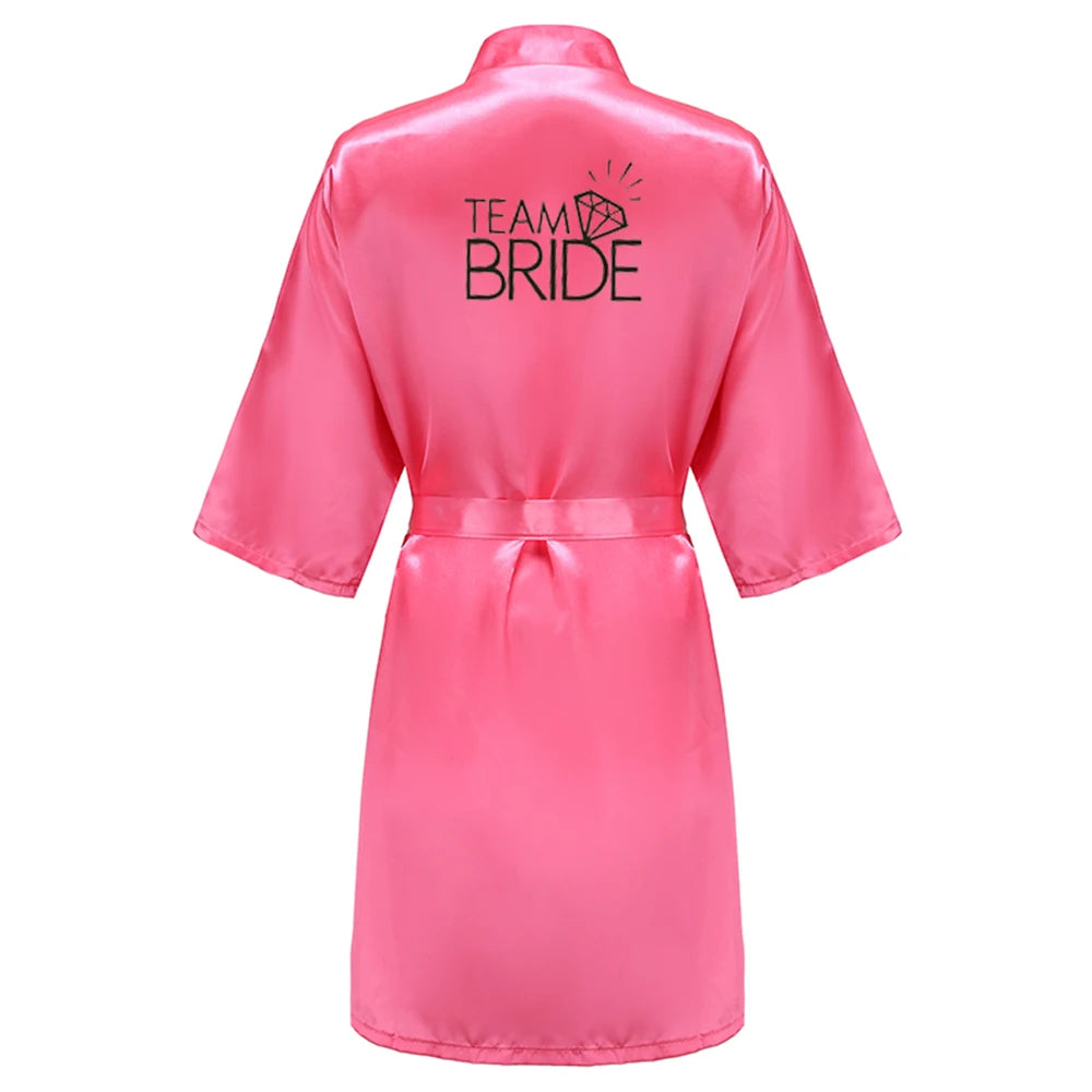 Wedding Party Team Bride Robe With Black Letters Kimono Satin Pajamas Bridesmaid Rose Gold Pink Bathrobe