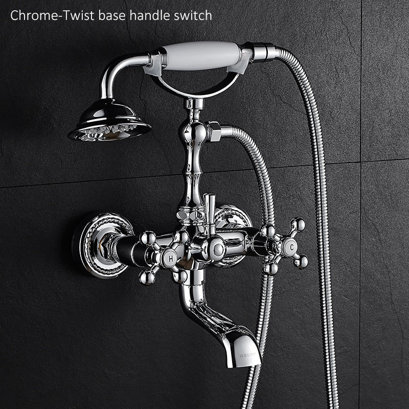 Luxury Crystal Handle Bathtub Gold Brass Faucet with Hand Shower Telephone Type Bath.