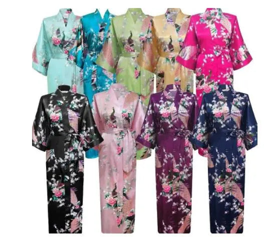 Plus Size XXXL Chinese Women Long Robe Print Flower Peacock Kimono Wedding Robes Sexy Sleepwear