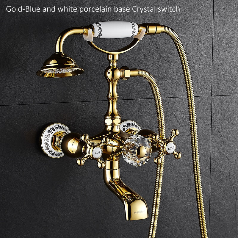 Luxury Crystal Handle Bathtub Gold Brass Faucet with Hand Shower Telephone Type Bath.