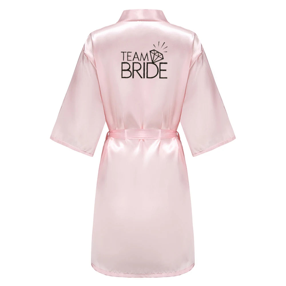 Wedding Party Team Bride Robe With Black Letters Kimono Satin Pajamas Bridesmaid Rose Gold Pink Bathrobe