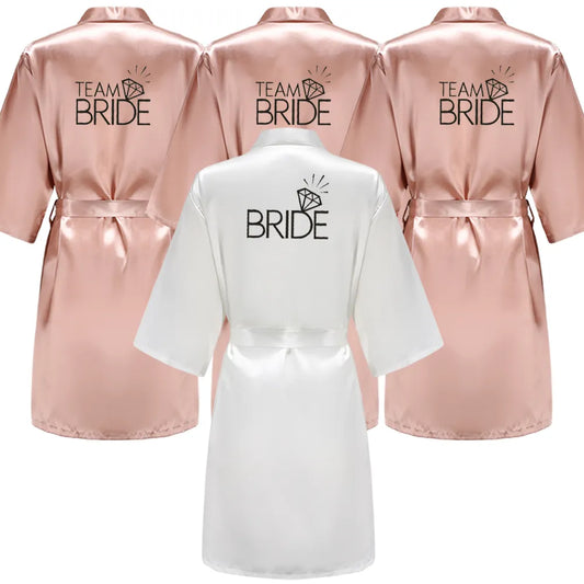 Wedding Party Team Bride Robe With Black Letters Kimono Satin Pajamas Bridesmaid Rose Gold Pink Bathrobe