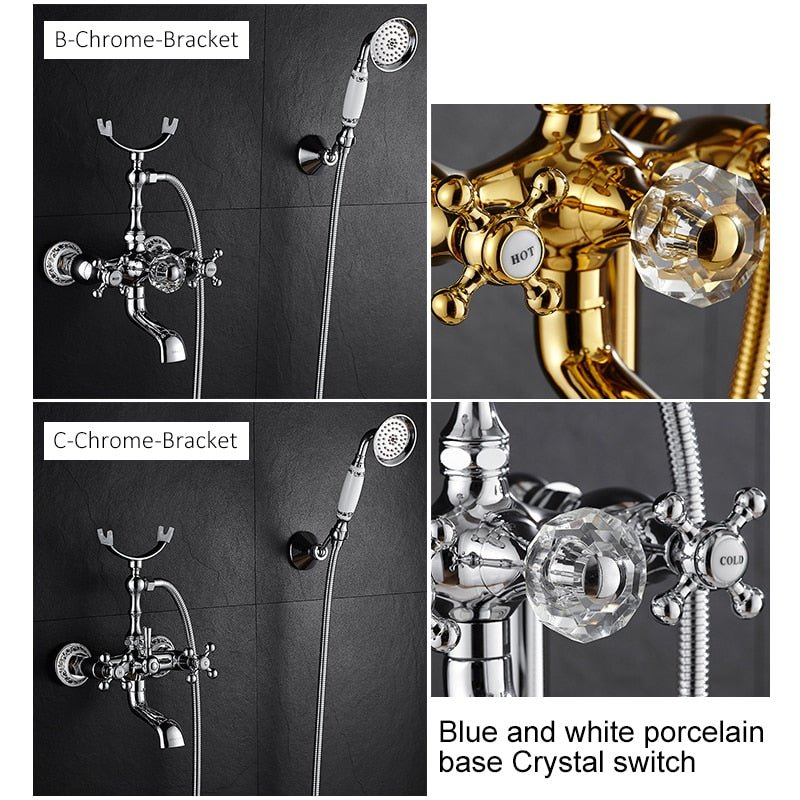 Luxury Crystal Handle Bathtub Gold Brass Faucet with Hand Shower Telephone Type Bath.