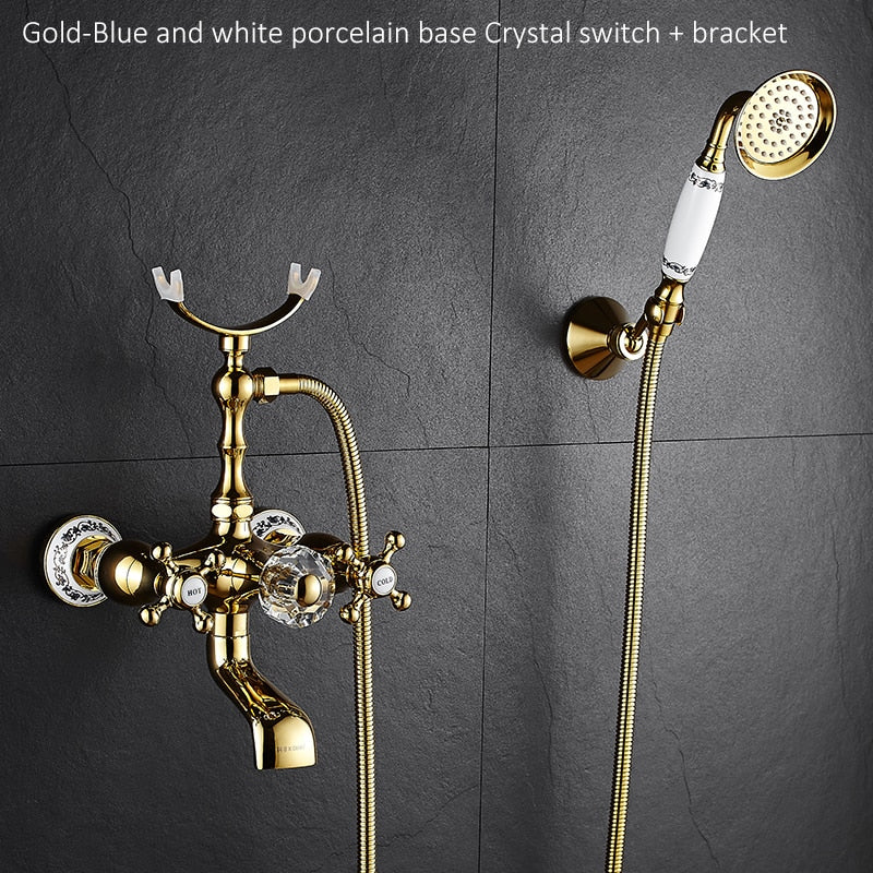 Luxury Crystal Handle Bathtub Gold Brass Faucet with Hand Shower Telephone Type Bath.