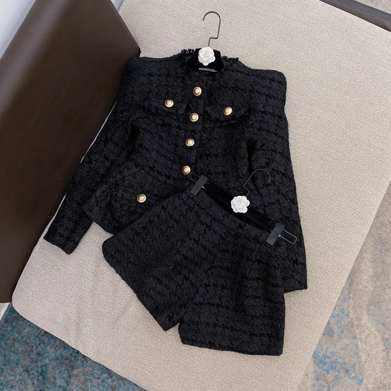 HIGH STREET 2024 New Designer Runway Suit Set Women's Gold Buttons Tweed Jacket Shorts Set