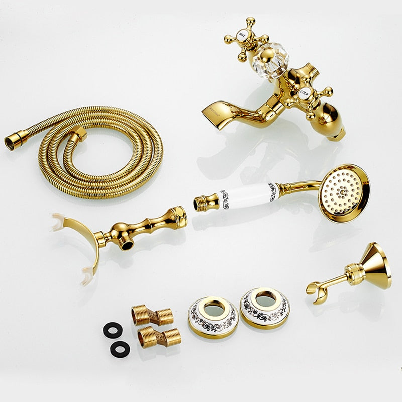 Luxury Crystal Handle Bathtub Gold Brass Faucet with Hand Shower Telephone Type Bath.