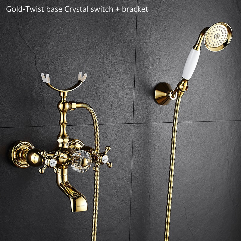 Luxury Crystal Handle Bathtub Gold Brass Faucet with Hand Shower Telephone Type Bath.