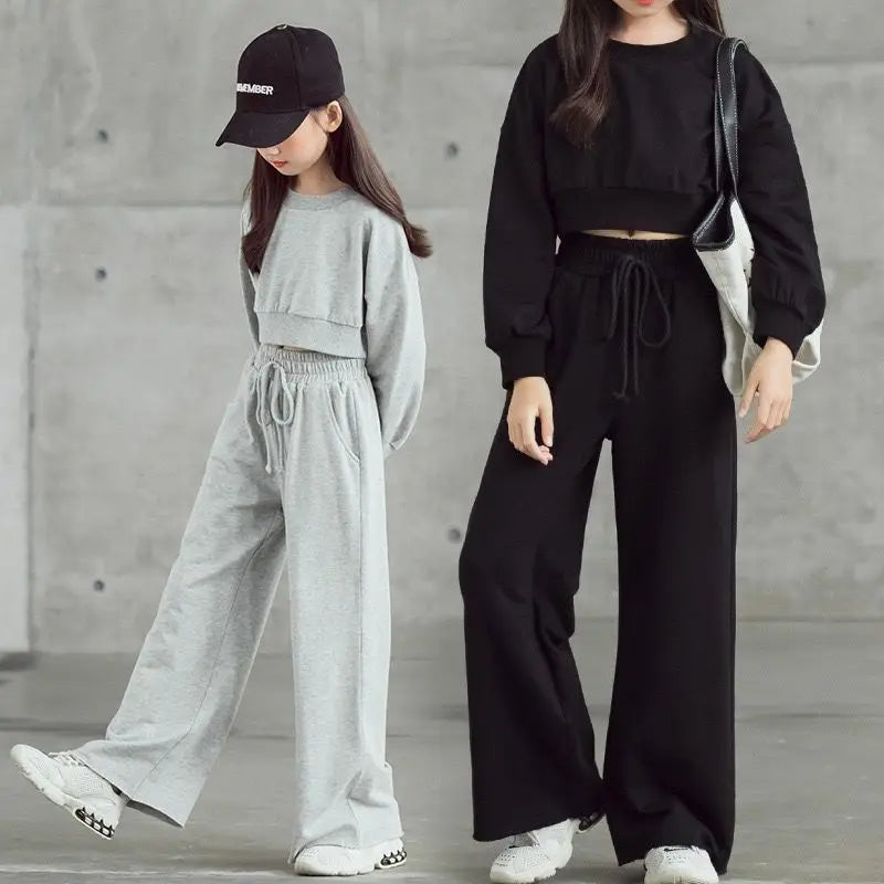 2024 Girls’ Autumn Winter Tracksuit – Casual Crop Top T-Shirt + Wide-Leg Pants (Ages 7-12)