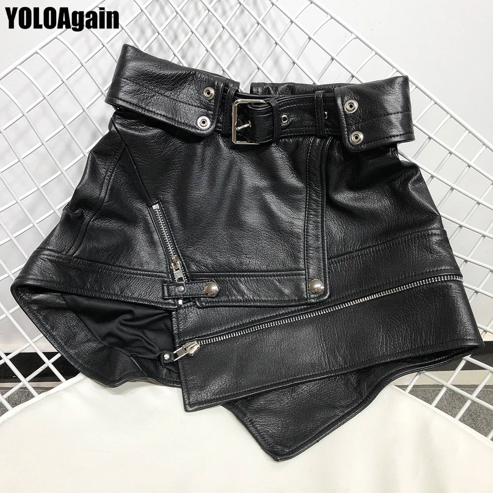 YOLOAgain A-Line Real Leather Skirt Women Black Asymmetrical Mini Skirt Ladies Streetwear