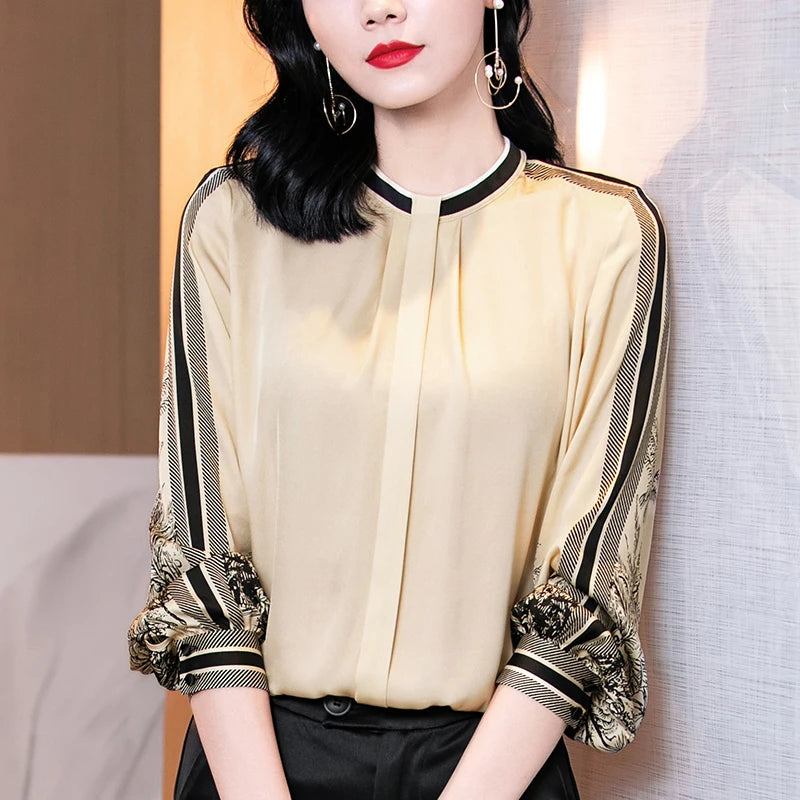 2024 Spring Autumn Women's Print Shirt Elegant Fashion Shirts Long Sleeve Blouses Women Loose Tops Woman Real Silk Satin Blouse