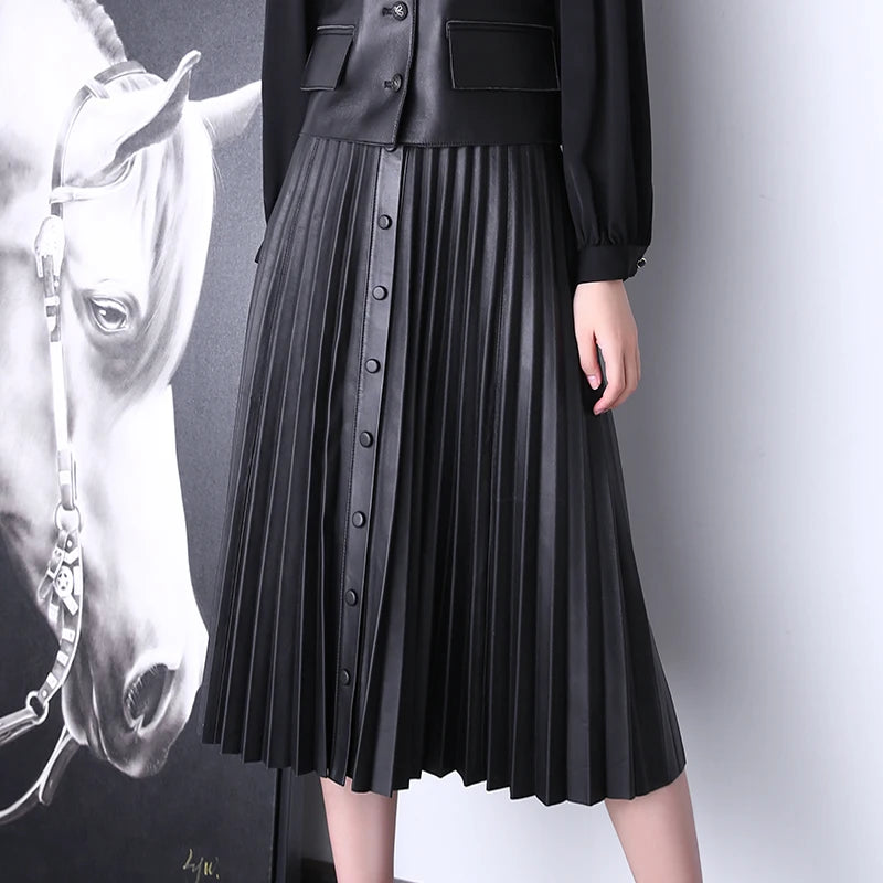 Harajuku Pleated Long Skirt Women Natural Leather Pure Skin A-Line Buttons Maxi Jupe Chic Ladies Vintage Streetwear Beige Gonne