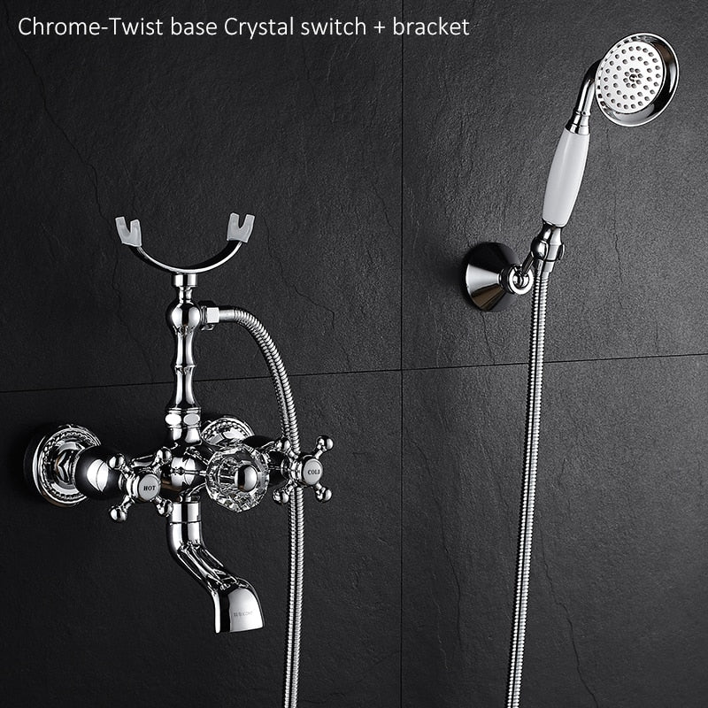 Luxury Crystal Handle Bathtub Gold Brass Faucet with Hand Shower Telephone Type Bath.