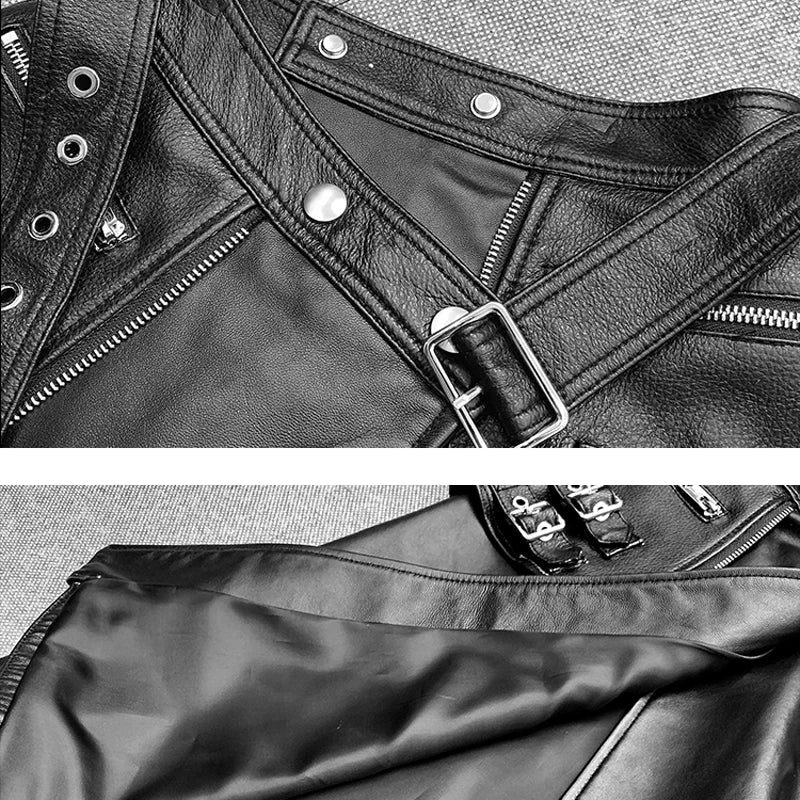 Punk Rock Skirt Women 2022 Winter Women's 100% Lambskin Leather Heavy Metal Fitting Pockets Jupe Y2k Clothes Mujer A-line Faldas