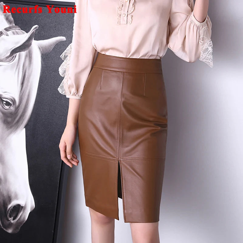 Women Clothing Winter Harajuku Female Genuine Leather Simple Split Knee Length Skirt Femme Brown/Dark Green Pencil Slit Gonne