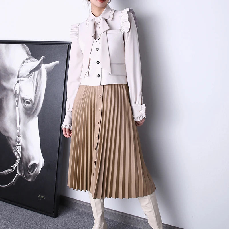 Harajuku Pleated Long Skirt Women Natural Leather Pure Skin A-Line Buttons Maxi Jupe Chic Ladies Vintage Streetwear Beige Gonne