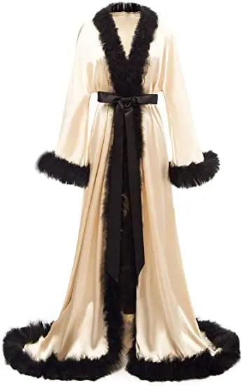 Women's Satin Robe Fur Nightgown Bathrobe Sleepwear Feather Bridal Robe with Belt