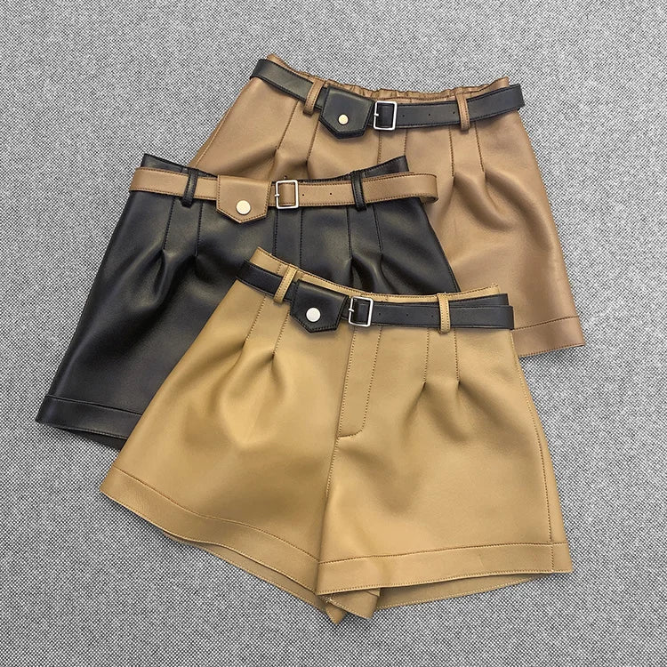 Genuine Leather Shorts Women 100% Real Sheepskin Ladies High Waist Short Pants Belt Shorts Trousers Female Plus Size Black Brown