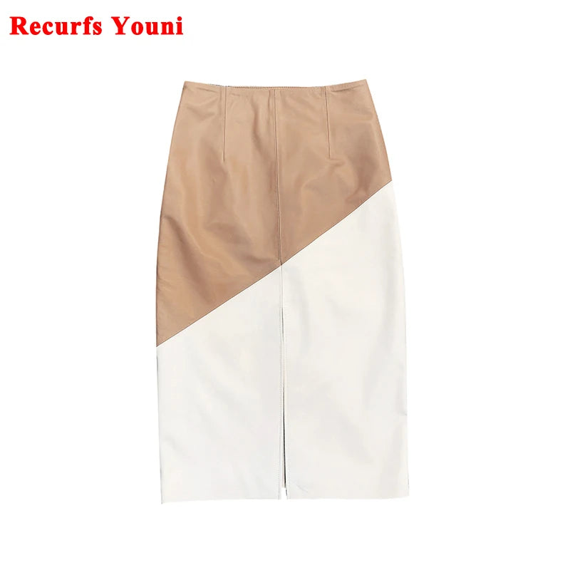 Fashion Harajuku Female Genuine Leather Skirt Women Diagonal Oblique Color Front Rear Slits Jupe Mujer 70 cm Long Wrap Faldas