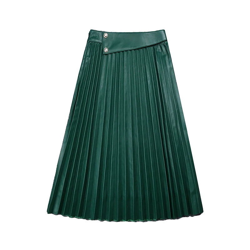 Women Leather Pleated Skirt Feminino Harajuku Lambskin Waistband Buttons Long Jupe Mujer Orange Brown Saias Longas Streetwear