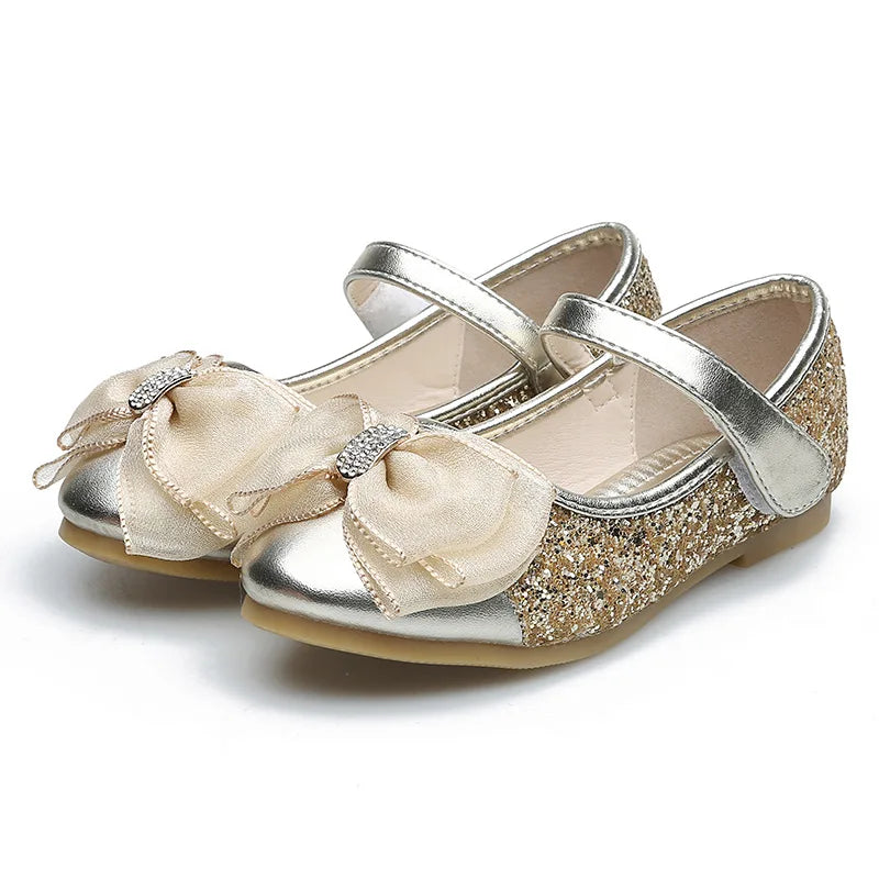 Girls’ Silver Sequins Leather Princess Shoes – Bow Dress Shoes for School, Wedding & Party