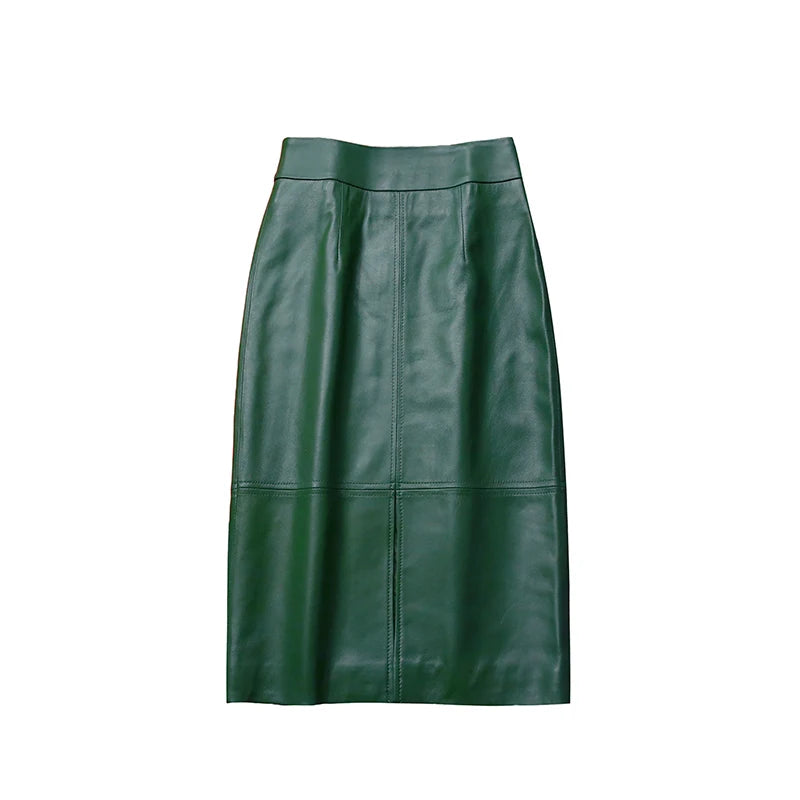 Women Clothing Winter Harajuku Female Genuine Leather Simple Split Knee Length Skirt Femme Brown/Dark Green Pencil Slit Gonne