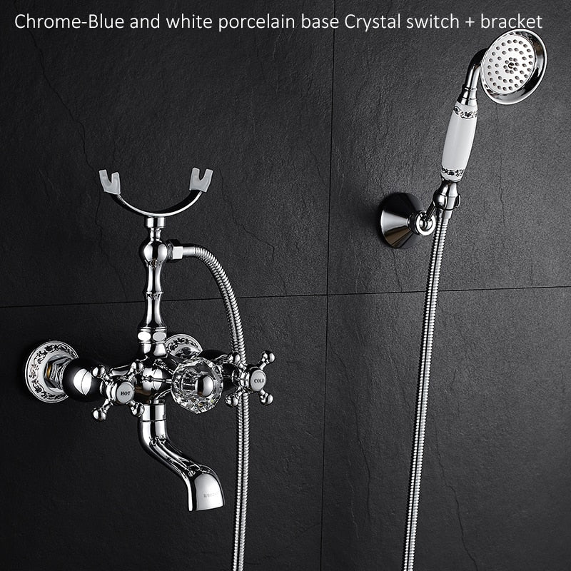 Luxury Crystal Handle Bathtub Gold Brass Faucet with Hand Shower Telephone Type Bath.