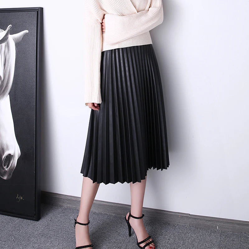 Women Leather Pleated Skirt Feminino Harajuku Lambskin Waistband Buttons Long Jupe Mujer Orange Brown Saias Longas Streetwear