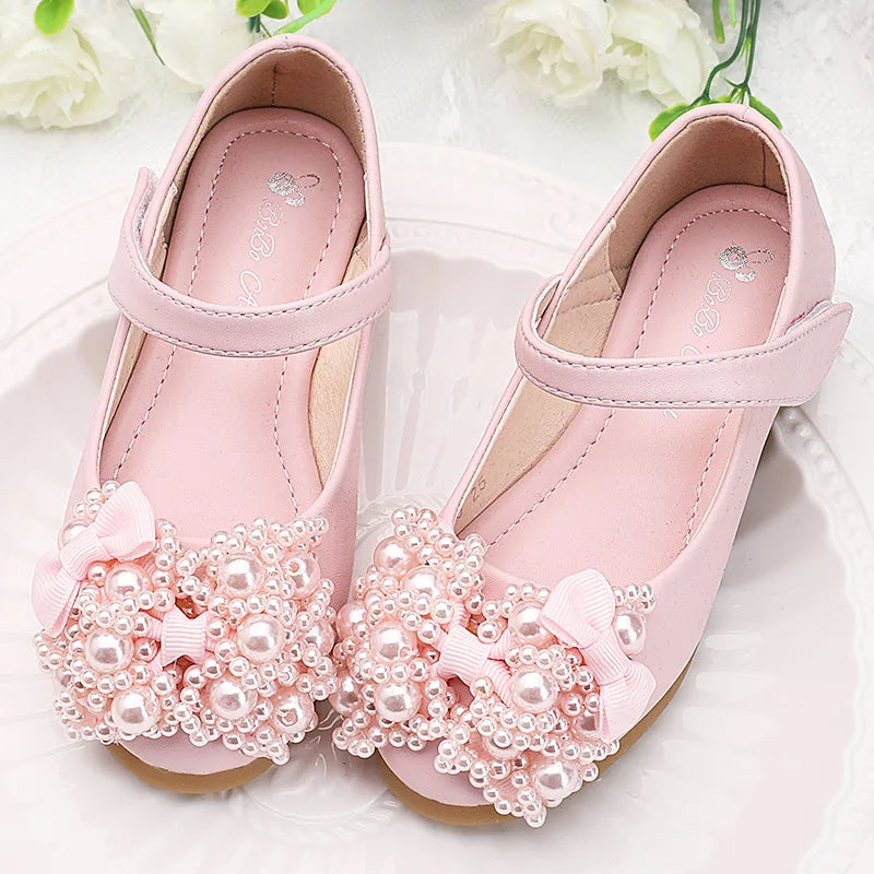 Girls’ Leather Princess Shoes – Bow Beaded Dress Shoes for School, Wedding & Party