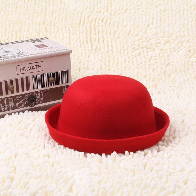 Flat-Top Fedora Hat – Pure Color Imitation Wool Wide-Brim Bowler Hat for Adults & Children