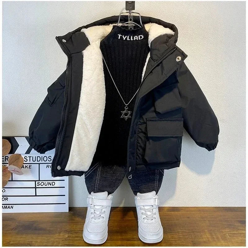 New Winter Down Cotton Jacket Boys Black Hooded Coat Children Outerwear Clothing Teenage 3-8Y Kids