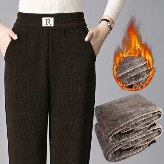 Women Winter Fleece Thick Pants Lamb Wool Outer Wear Trouser Thermal High Waist Straight