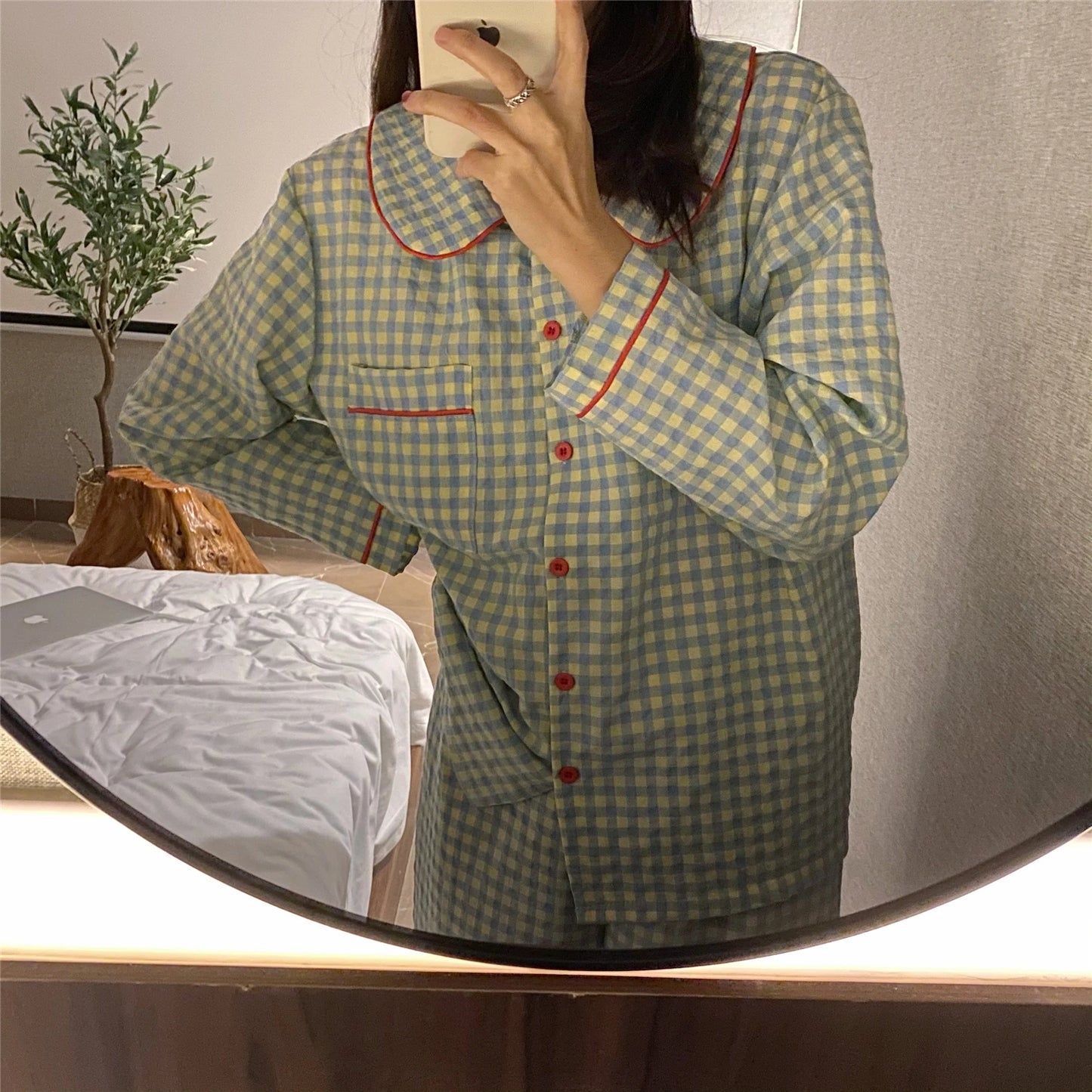 Women's Pajamas New Autumn Spring Long Sleeve Soft Sleepwear Set Grid cartoon pyjama Woman Home