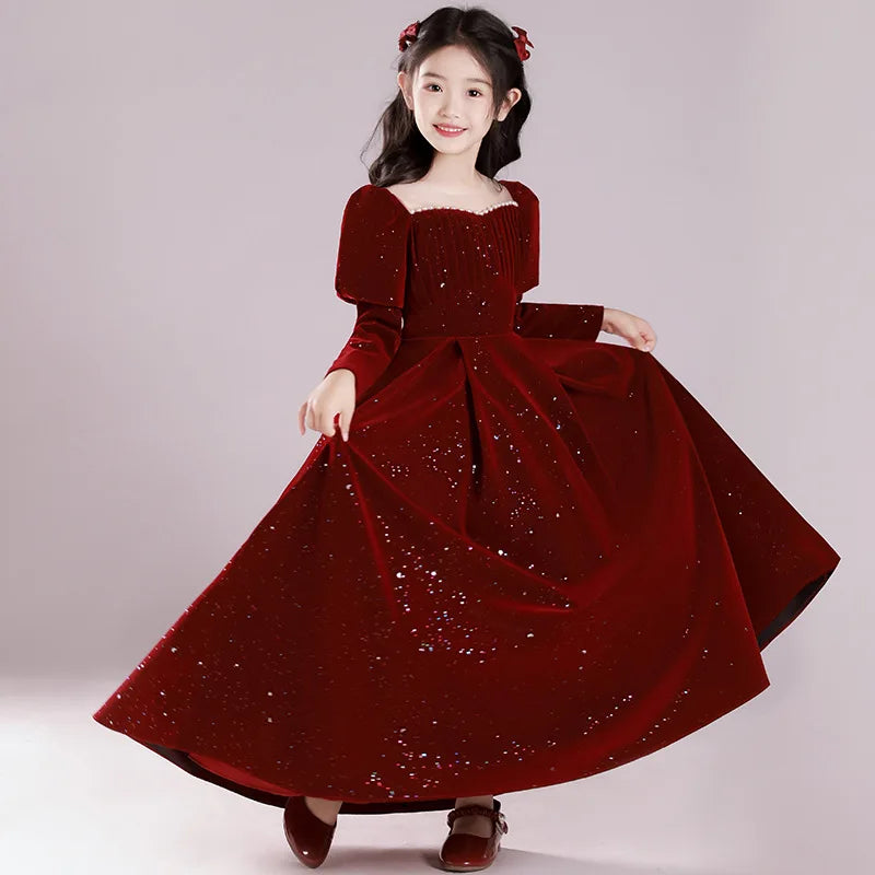 Teenmiro Hostess Costume for Children Girls Chinese New Year's Party Dress Infants Red Sequins Beading Ball Gown Teens Partywear