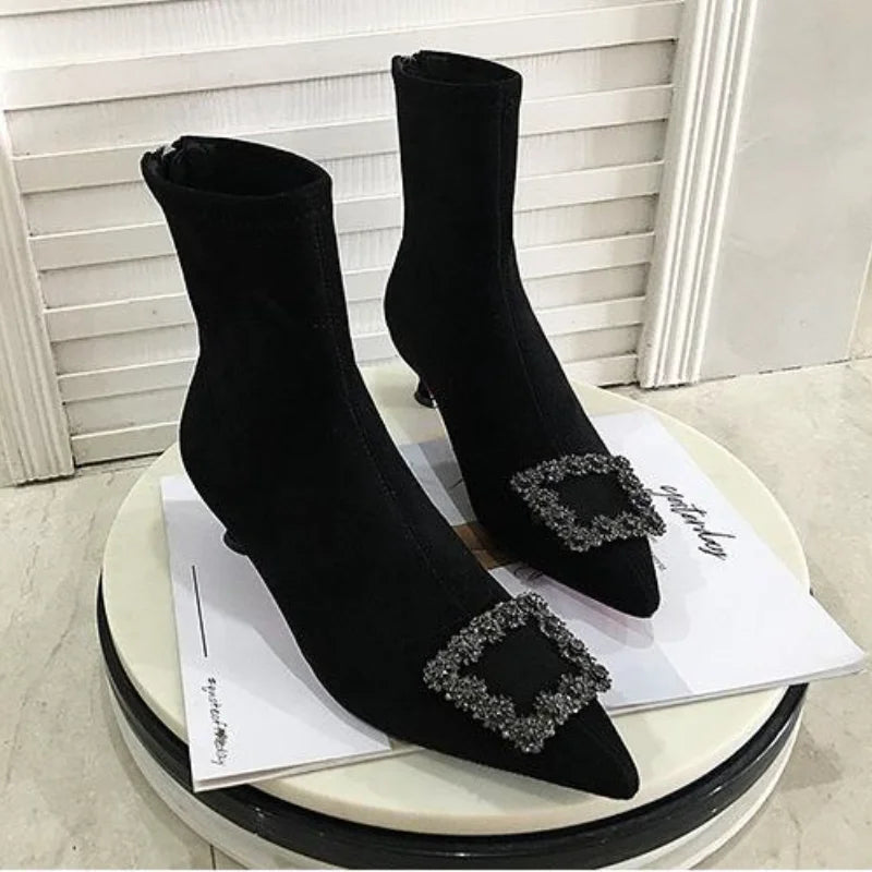 Pointed-Toe Heeled Ankle Boots — Flock Fashion Booties for Spring — view 3 of boots