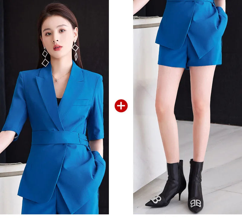 Tesco Spring Summer Short Pants Sets For Women Short Sleeve Jacket With Belt Royal Blue Pantsuit 2 Piece For Business Suit