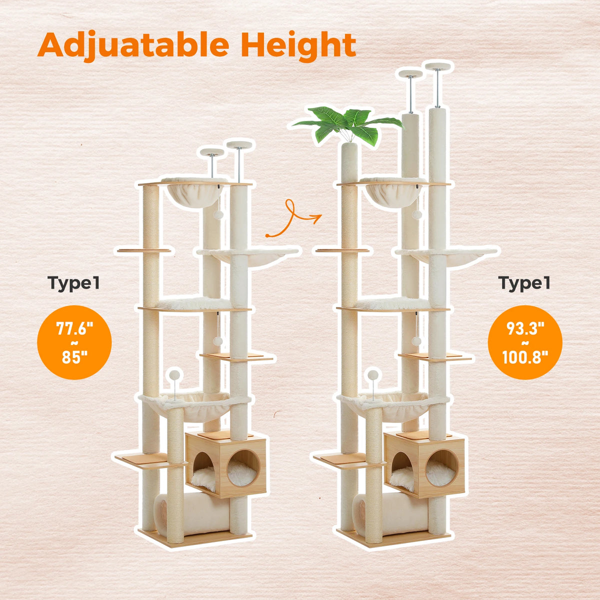 Height-Adjustable Wooden Cat Tree with Hammock & Sisal Scratching Post — product photo 5