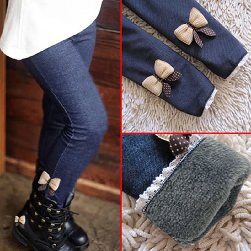 New Autumn Winter Girls Jean Pants Warm Children Leggings Thicken Velvet Bowknot Kids Trousers