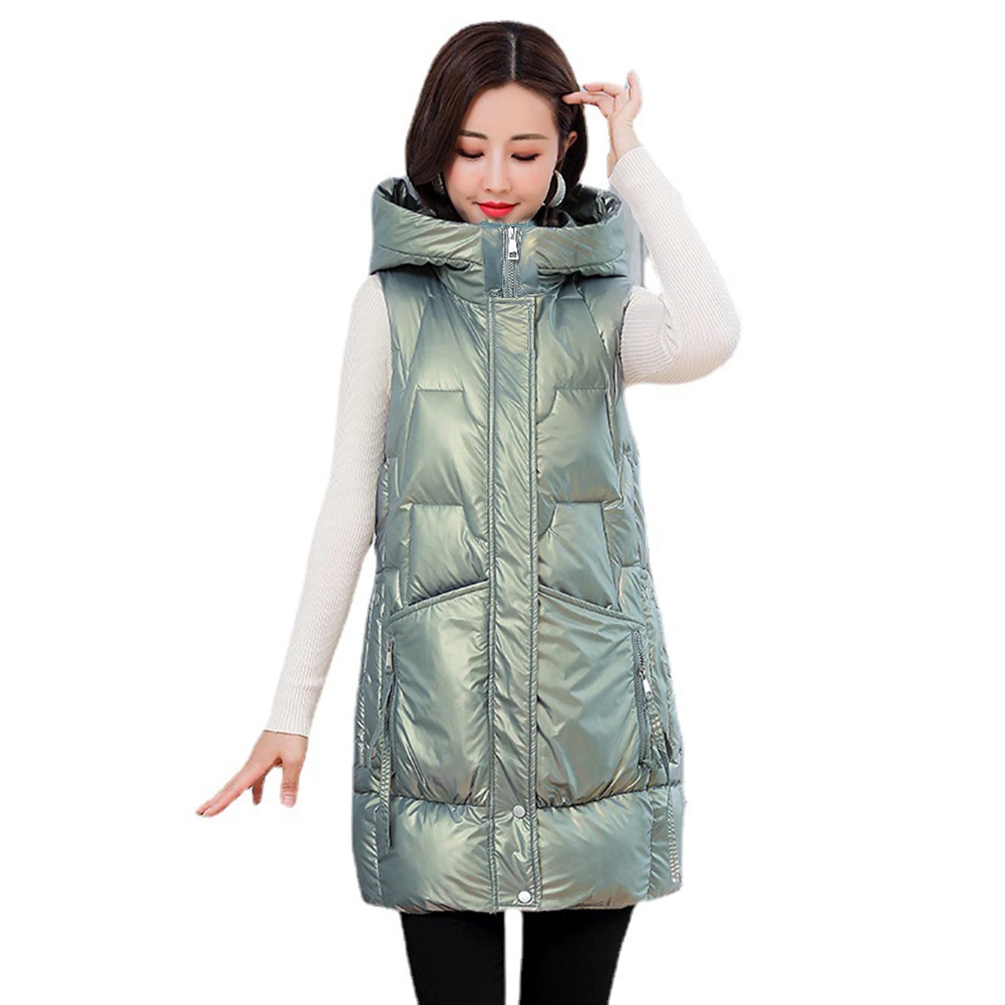 Women Vest Padded Cotton Down Autumn Winter Elegant Thick Warm Long Vest for Daily Wear