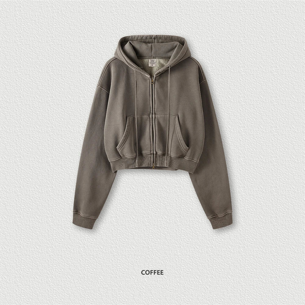 ZODF Retro 2023 Winter Women Short Zipper Hoodies Female Girls Loose 355gsm Thick Fleece Hooded Zip-up Coat Streetwears HY0448