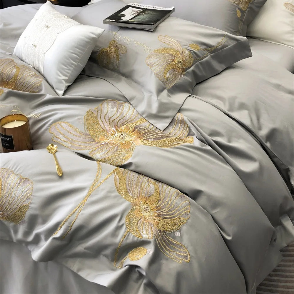 Luxury Embroidered Cotton Bedding Set – Double Duvet Cover, Flat Bed Sheet & Pillowcases